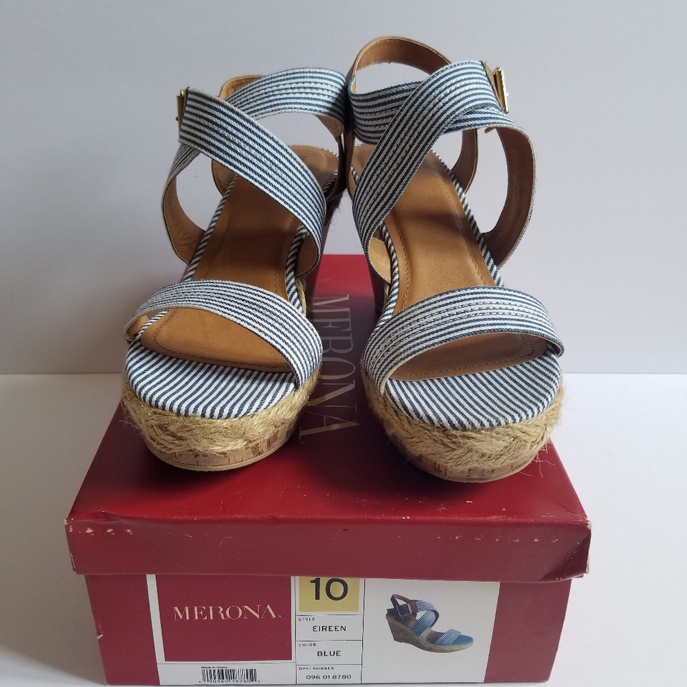 Merona Nautical Wedge Sandal Blue White Straps 10